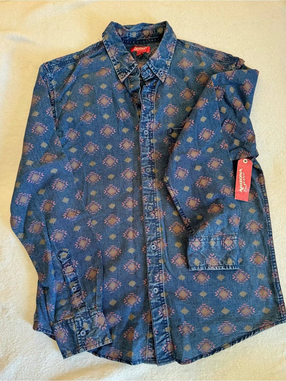 Arizona Jean Company Blue Denim-Look Shirt with Pink and Brown Geometric Print